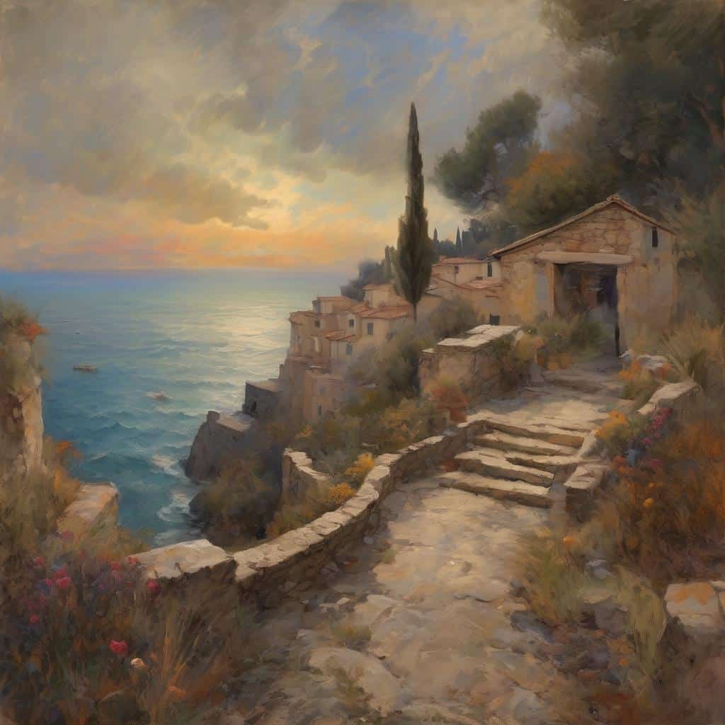 Ορεινά τοπία με κατοικίες και θάλασσα, ζωγραφική αυτοπροσωπογραφία και καλλιτέχνες, σε ηλιόλουστη ημέρα, με έμφαση στη φύση, την τέχνη και την αναπαράσταση της καθημερινής ζωής.