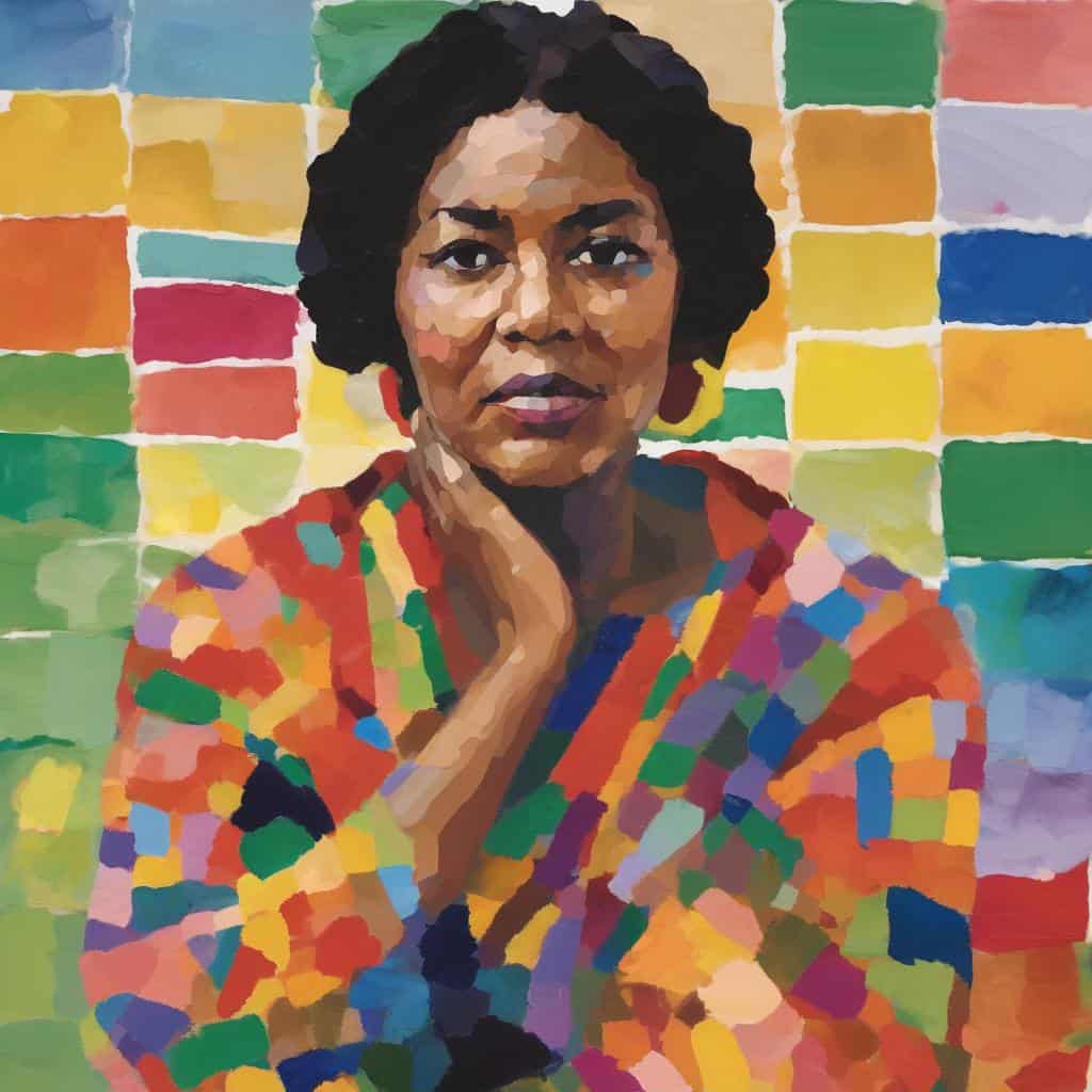 Ζωγραφισμένη αυτοπροσωπογραφία γυναίκας με πολύχρωμο καπέλο και φόντο διχρωματικών τετραγώνων, ενισχύει την τέχνη και το ταλέντο των καλλιτεχνών στη δημιουργική αυτοπροσωπογραφία.