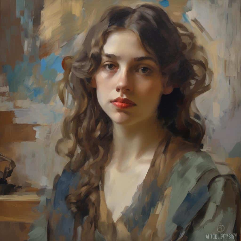 Οπτική ζωγραφική αυτοπροσωπογραφίας νεαρής γυναίκας με ελεύθερες πινελιές, έντονες λεπτομέρειες και φυσική έκφραση, αποπνέοντας μοντέρνο καλλιτεχνικό στυλ.