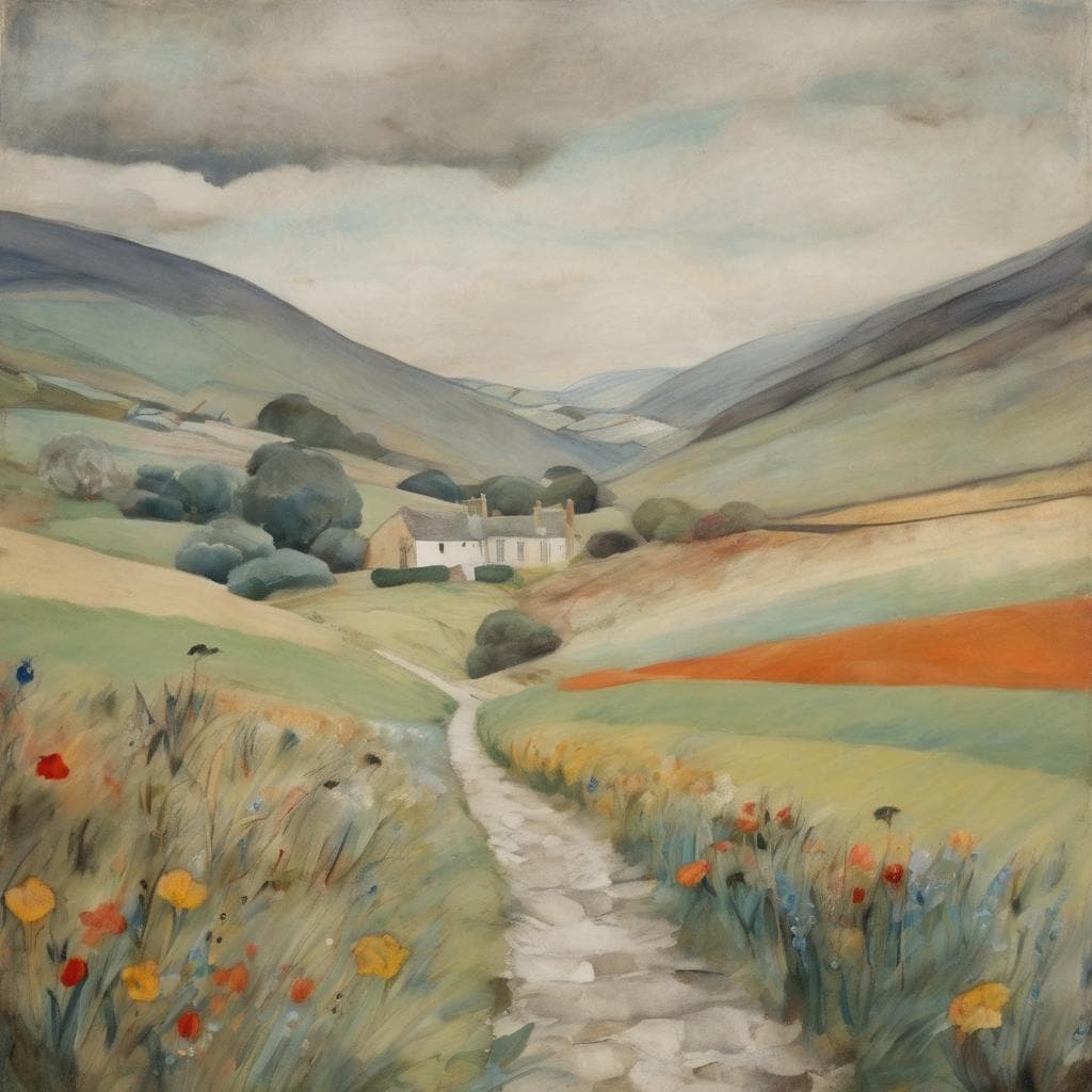 Ορεινά τοπία με λευκό κτίριο και πράσινη βλάστηση, σε ρεαλιστικό στυλ, ιδανικό για έργα τέχνης και αυτοπροσωπογραφίες, με έμφαση στη φυσική ομορφιά και την ήρεμη ατμόσφαιρα.