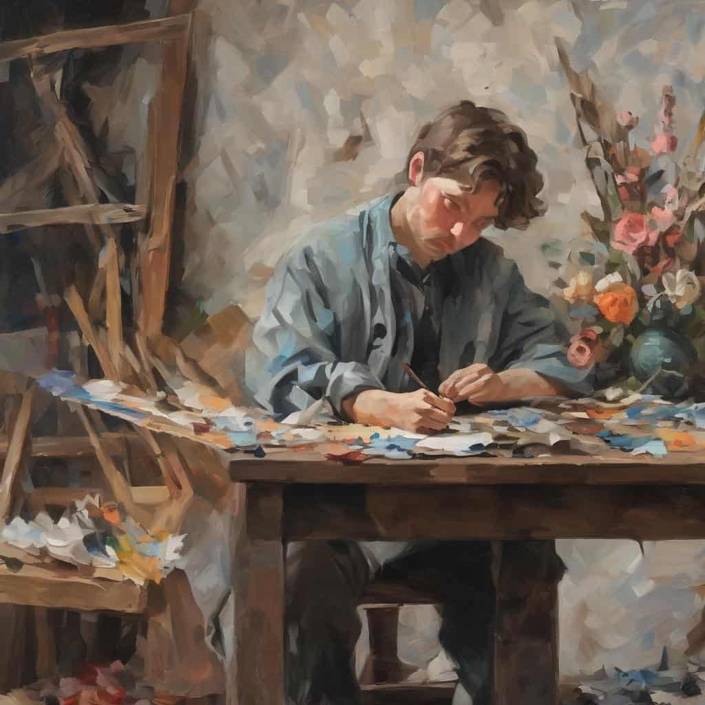 Καλλιτέχνες και αυτοπροσωπογραφίες, νεαρός καλλιτέχνης ζωγραφίζει πορτρέτο σε στούντιο τέχνης με λουλούδια και καβαλέτο, εμπνευσμένο από σύγχρονες αυτοπροσωπογραφίες και δημιουργική διαδικασία τέχνης.