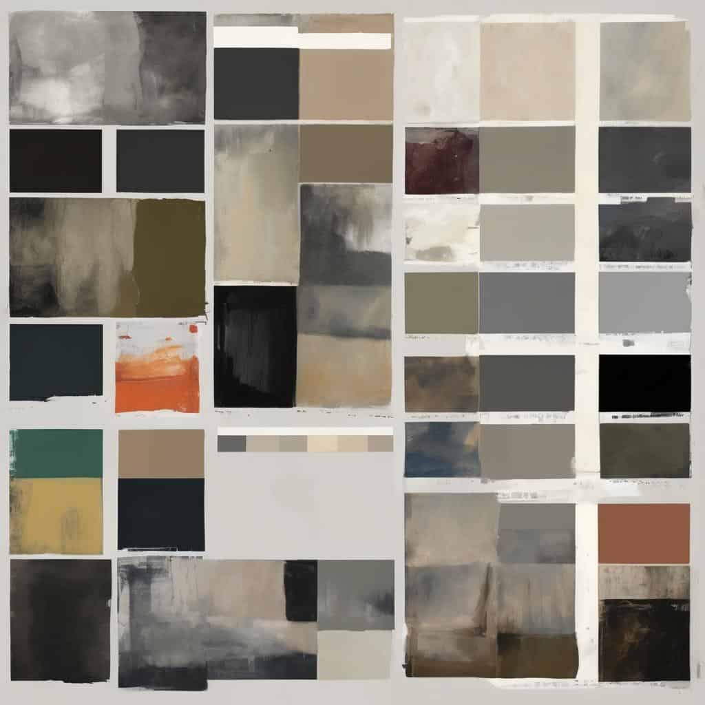 Ανθρώπινες αυτοπροσωπογραφίες και έργα τέχνης σε παλέτα γκρίζων και γήινων τόνων, παρουσιάζοντας την έκφραση και την καλλιτεχνική δημιουργικότητα.
