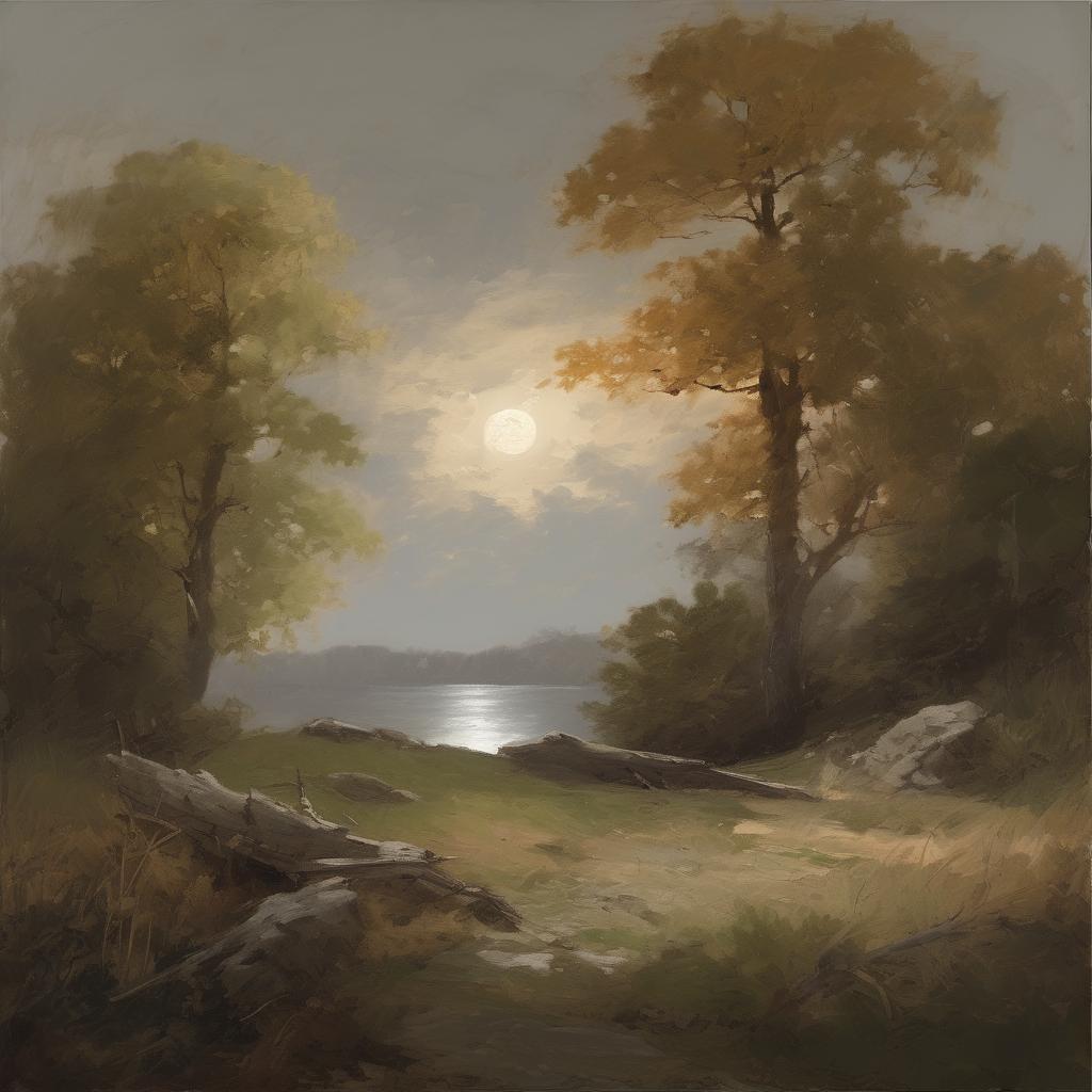 Αποχαιρετισμός στο φεγγάρι πάνω από λίμνη με δέντρα, αυτοπροσωπογραφία και τέχνη τοπίων, που αναδεικνύει τη δημιουργικότητα και την έκφραση των καλλιτεχνών.